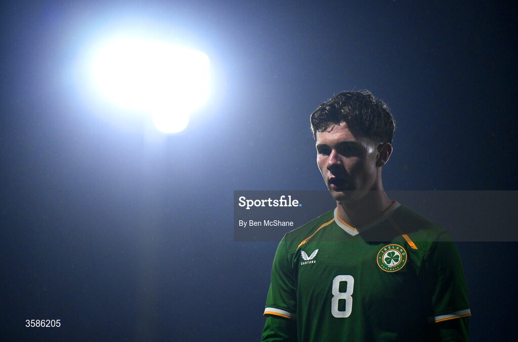 6 October 2026; Jamie Mullins of Republic of Ireland during the UEFA European U21 Championship qualifier match between the Republic of Ireland and England at Turner's Cross Stadium in Cork. Photo by Ben McShane/Sportsfile
