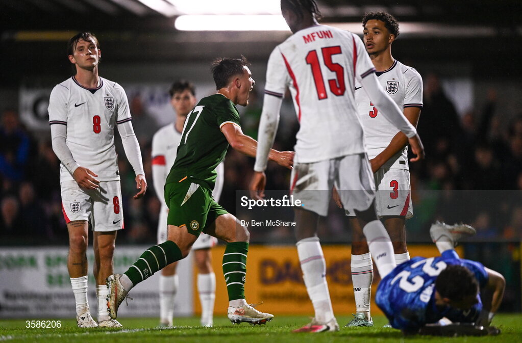 6 October 2026; Tommy Lonergan of Republic of Ireland celebrates after scoring his side's third goal during the UEFA European U21 Championship qualifier match between the Republic of Ireland and England at Turner's Cross Stadium in Cork. Photo by Ben McShane/Sportsfile