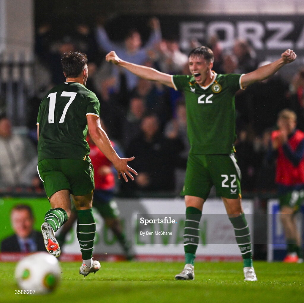 6 October 2026; Tommy Lonergan of Republic of Ireland, left, celebrates with team-mate Oisin Gallagher after scoring their side's third goal during the UEFA European U21 Championship qualifier match between the Republic of Ireland and England at Turner's Cross Stadium in Cork. Photo by Ben McShane/Sportsfile
