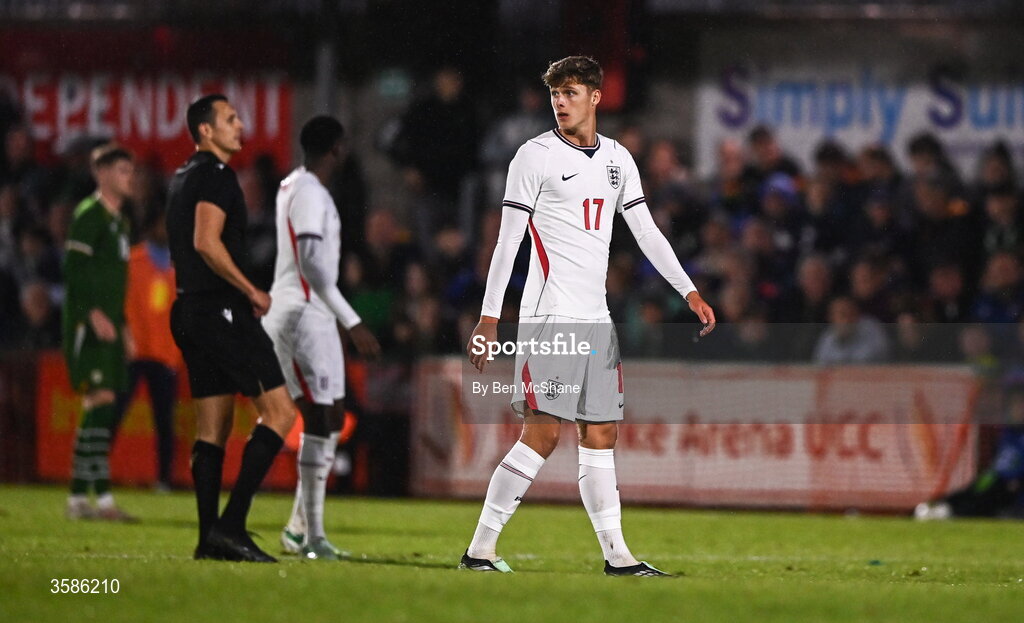 6 October 2026; Harrison Armstrong of England during the UEFA European U21 Championship qualifier match between the Republic of Ireland and England at Turner's Cross Stadium in Cork. Photo by Ben McShane/Sportsfile