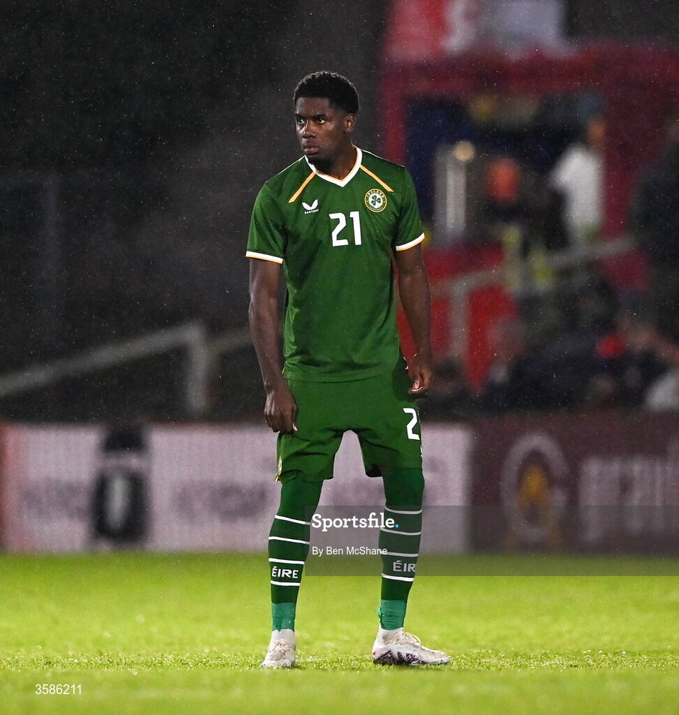 6 October 2026; Romeo Akachukwu of Republic of Ireland during the UEFA European U21 Championship qualifier match between the Republic of Ireland and England at Turner's Cross Stadium in Cork. Photo by Ben McShane/Sportsfile