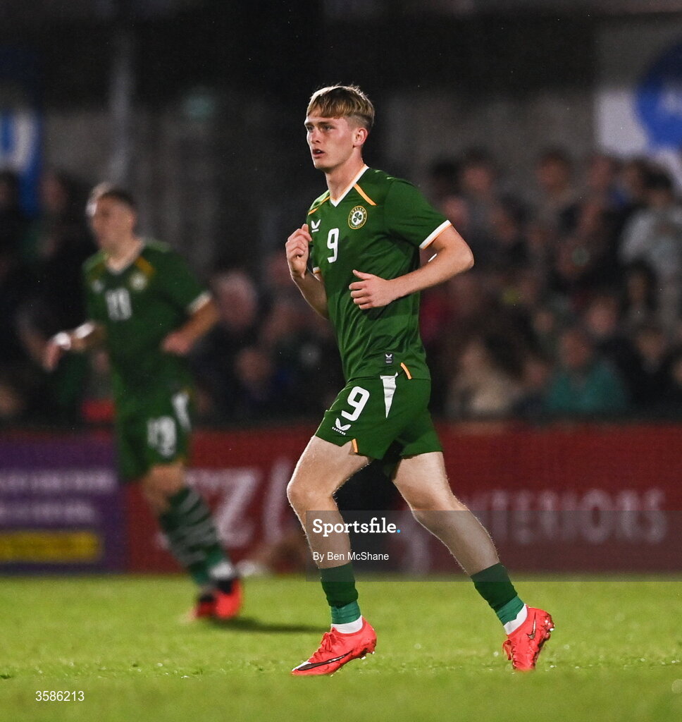 6 October 2026; Michael Noonan of Republic of Ireland during the UEFA European U21 Championship qualifier match between the Republic of Ireland and England at Turner's Cross Stadium in Cork. Photo by Ben McShane/Sportsfile