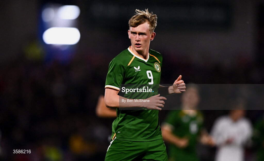6 October 2026; Michael Noonan of Republic of Ireland during the UEFA European U21 Championship qualifier match between the Republic of Ireland and England at Turner's Cross Stadium in Cork. Photo by Ben McShane/Sportsfile