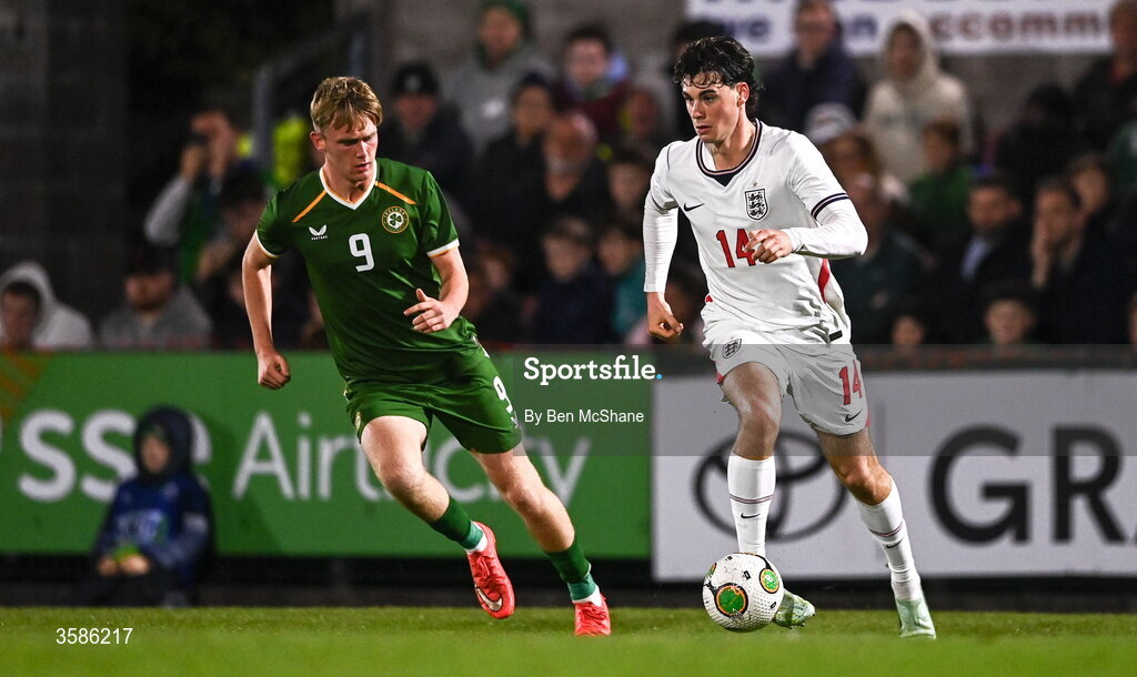 6 October 2026; Archie Gray of England in action against Michael Noonan of Republic of Ireland during the UEFA European U21 Championship qualifier match between the Republic of Ireland and England at Turner's Cross Stadium in Cork. Photo by Ben McShane/Sportsfile