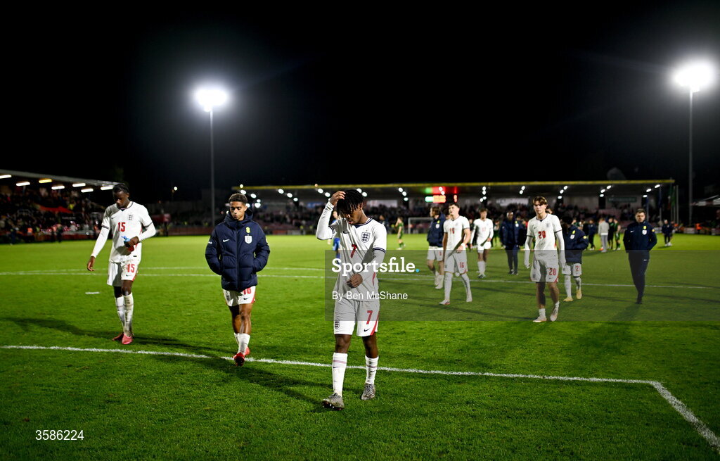 6 October 2026; England players including Samuel Amo-Ameyaw of England, 7, leave the pitch after the UEFA European U21 Championship qualifier match between the Republic of Ireland and England at Turner's Cross Stadium in Cork. Photo by Ben McShane/Sportsfile