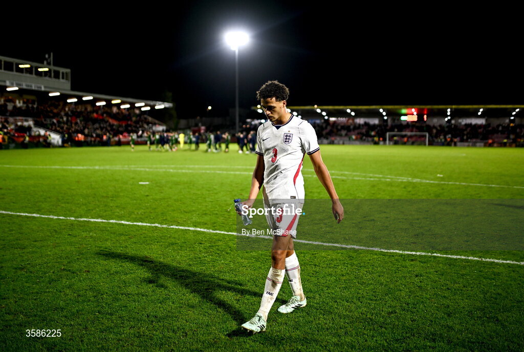 6 October 2026; Max Alleyne of England leaves the pitch after the UEFA European U21 Championship qualifier match between the Republic of Ireland and England at Turner's Cross Stadium in Cork. Photo by Ben McShane/Sportsfile