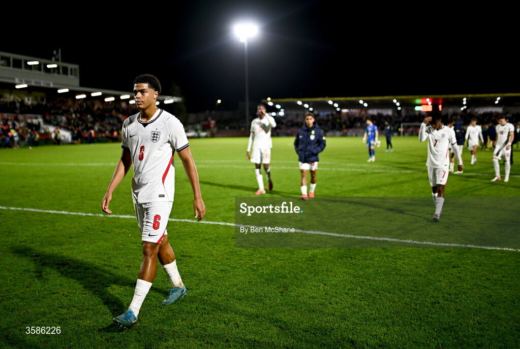 6 October 2026; England players including Jahmai Simpson-Pusey of England, 6, leave the pitch after the UEFA European U21 Championship qualifier match between the Republic of Ireland and England at Turner's Cross Stadium in Cork. Photo by Ben McShane/Sportsfile
