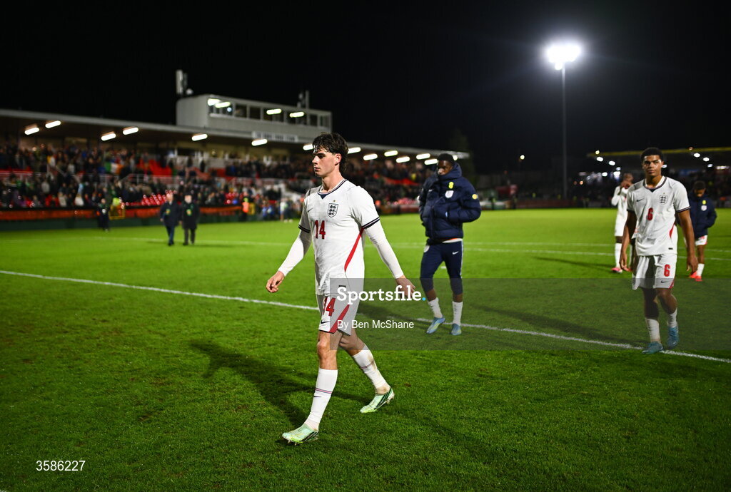 6 October 2026; Archie Gray of England leaves the pitch after the UEFA European U21 Championship qualifier match between the Republic of Ireland and England at Turner's Cross Stadium in Cork. Photo by Ben McShane/Sportsfile