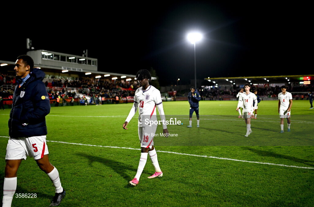 6 October 2026; Tyrique George of England, 19, leaves the pitch after the UEFA European U21 Championship qualifier match between the Republic of Ireland and England at Turner's Cross Stadium in Cork. Photo by Ben McShane/Sportsfile