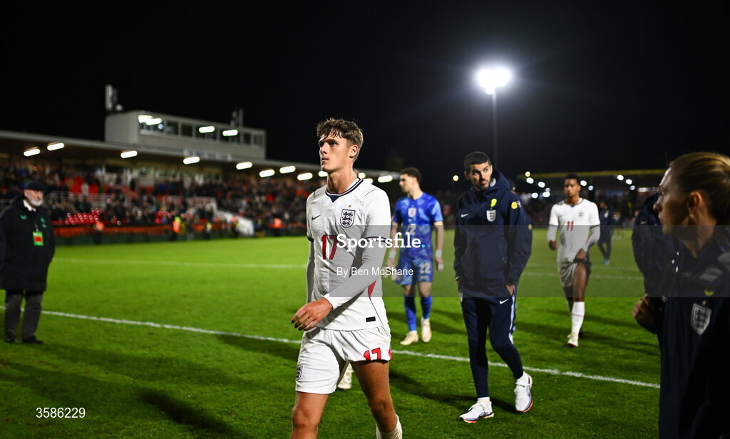 6 October 2026; Harrison Armstrong of England leaves the pitch after the UEFA European U21 Championship qualifier match between the Republic of Ireland and England at Turner's Cross Stadium in Cork. Photo by Ben McShane/Sportsfile