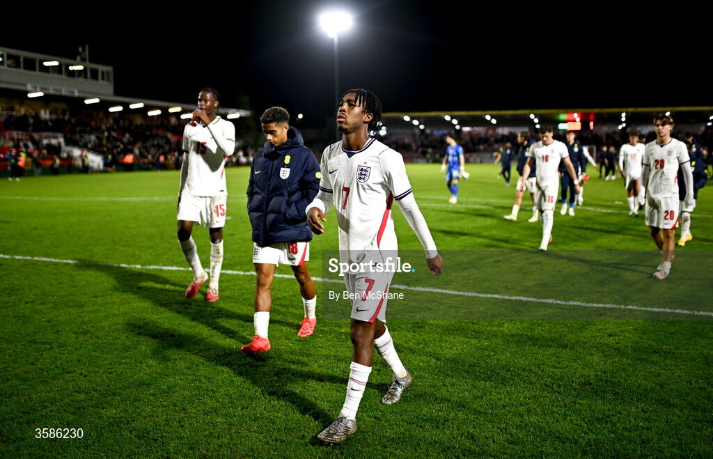 6 October 2026; England players including Samuel Amo-Ameyaw of England, 7, leave the pitch after the UEFA European U21 Championship qualifier match between the Republic of Ireland and England at Turner's Cross Stadium in Cork. Photo by Ben McShane/Sportsfile