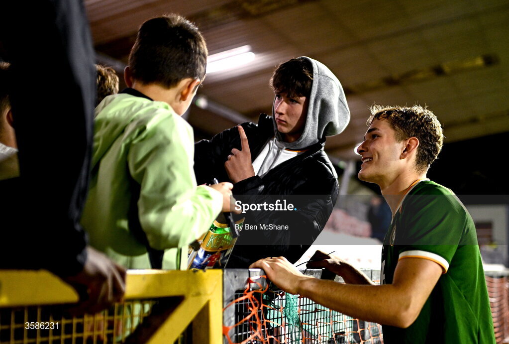 6 October 2026; Jacob Devaney of Republic of Ireland with supporters after the UEFA European U21 Championship qualifier match between the Republic of Ireland and England at Turner's Cross Stadium in Cork. Photo by Ben McShane/Sportsfile