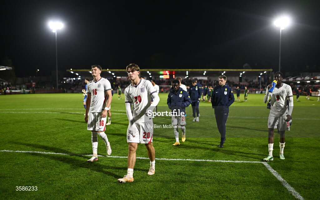 6 October 2026; England players, including from left, William Lankshear, Tyler Dibling and Divin Mubama after the UEFA European U21 Championship qualifier match between the Republic of Ireland and England at Turner's Cross Stadium in Cork. Photo by Ben McShane/Sportsfile