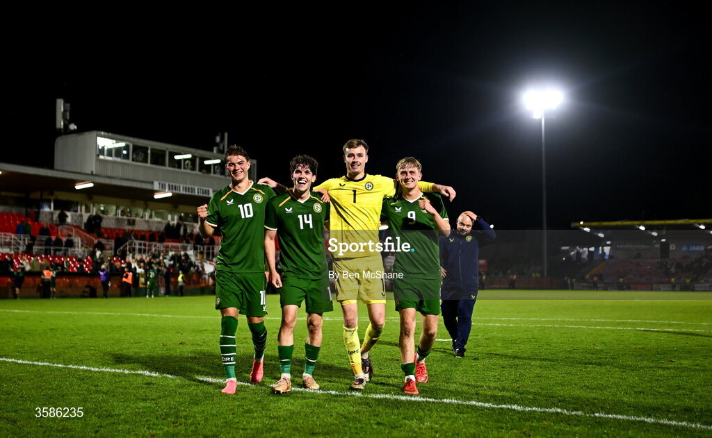 6 October 2026; Republic of Ireland players, from left, Grady McDonnell, Rory Finneran, Noah Jauny and Michael Noonan after the UEFA European U21 Championship qualifier match between the Republic of Ireland and England at Turner's Cross Stadium in Cork. Photo by Ben McShane/Sportsfile