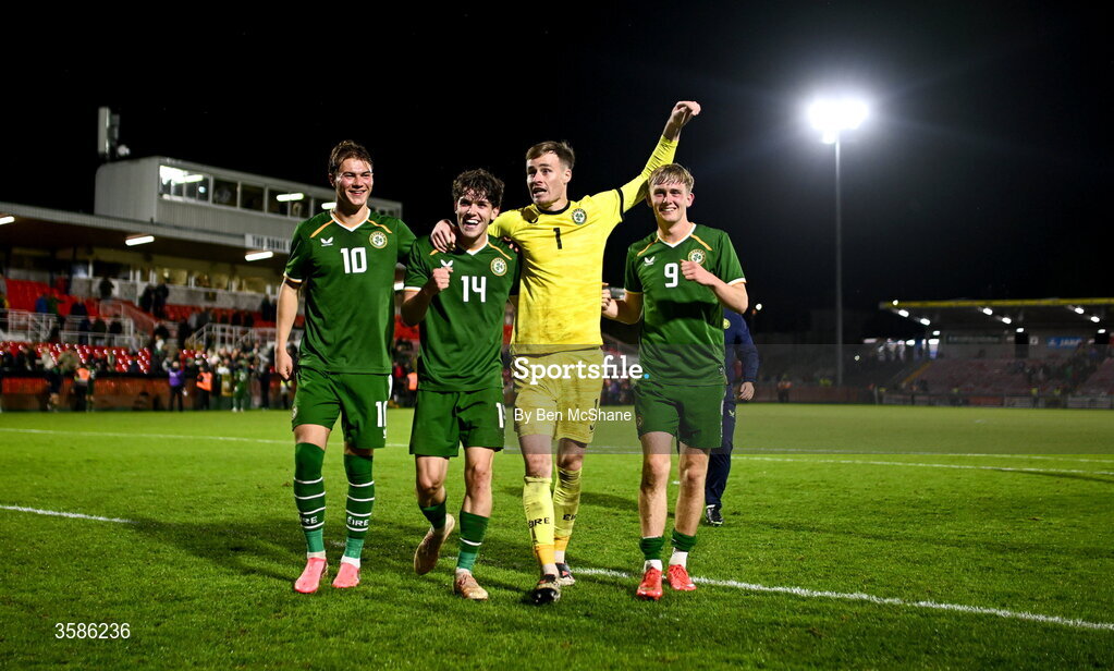 6 October 2026; Republic of Ireland players, from left, Grady McDonnell, Rory Finneran, Noah Jauny and Michael Noonan after the UEFA European U21 Championship qualifier match between the Republic of Ireland and England at Turner's Cross Stadium in Cork. Photo by Ben McShane/Sportsfile