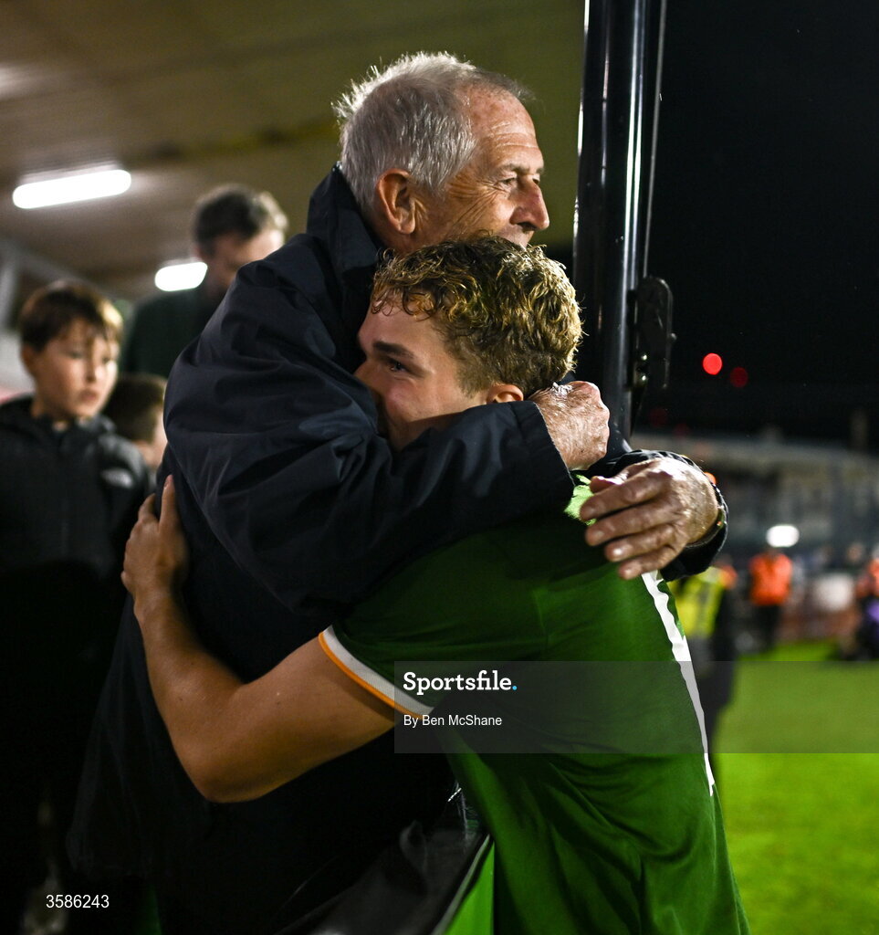 6 October 2026; Jacob Devaney of Republic of Ireland with his relative Pedro Devaney after the UEFA European U21 Championship qualifier match between the Republic of Ireland and England at Turner's Cross Stadium in Cork. Photo by Ben McShane/Sportsfile