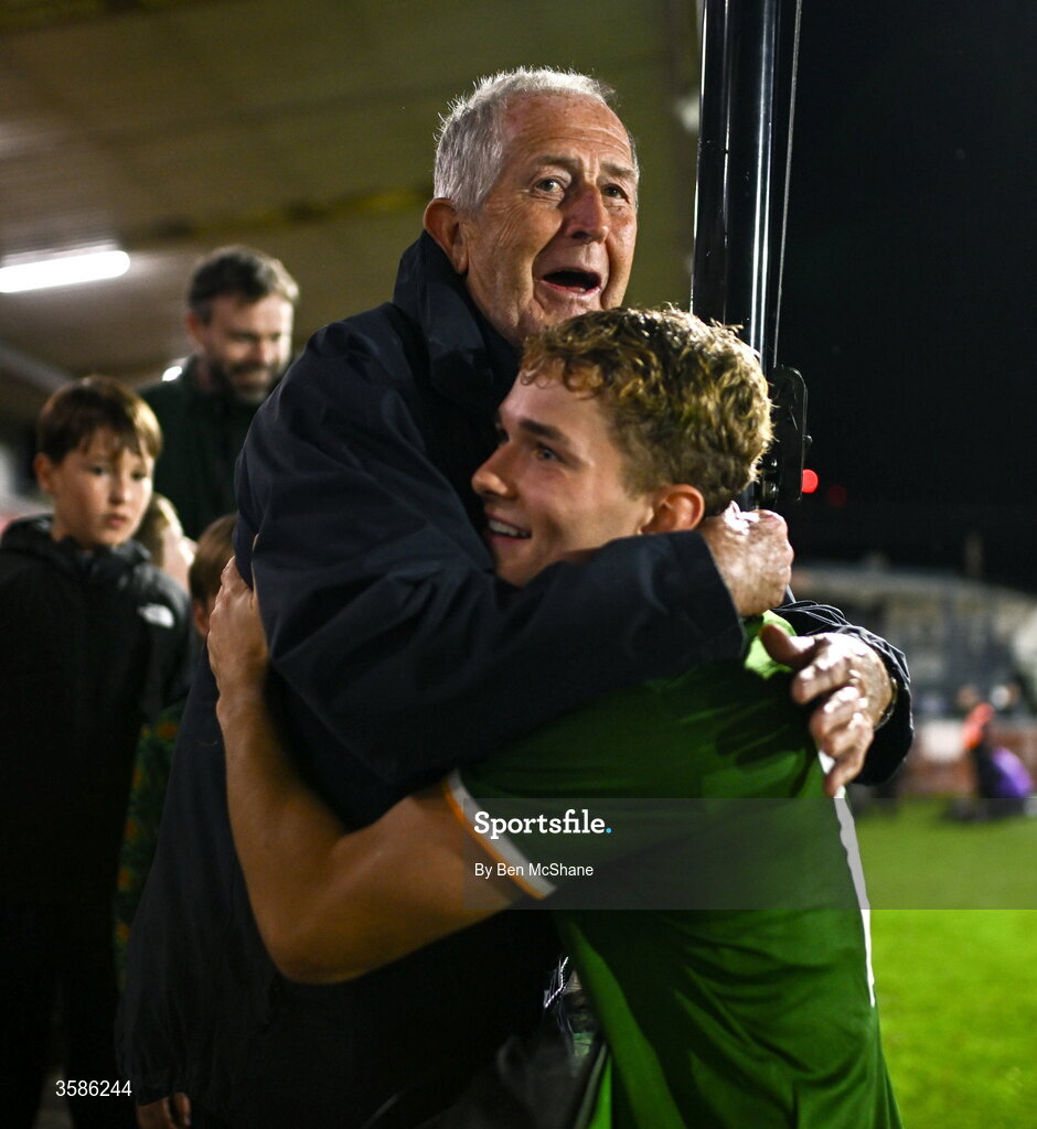 6 October 2026; Jacob Devaney of Republic of Ireland with his relative Pedro Devaney after the UEFA European U21 Championship qualifier match between the Republic of Ireland and England at Turner's Cross Stadium in Cork. Photo by Ben McShane/Sportsfile