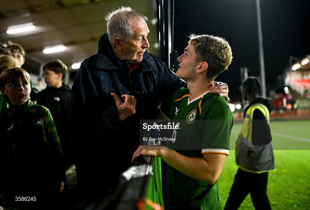 6 October 2026; Jacob Devaney of Republic of Ireland with his relative Pedro Devaney after the UEFA European U21 Championship qualifier match between the Republic of Ireland and England at Turner's Cross Stadium in Cork. Photo by Ben McShane/Sportsfile