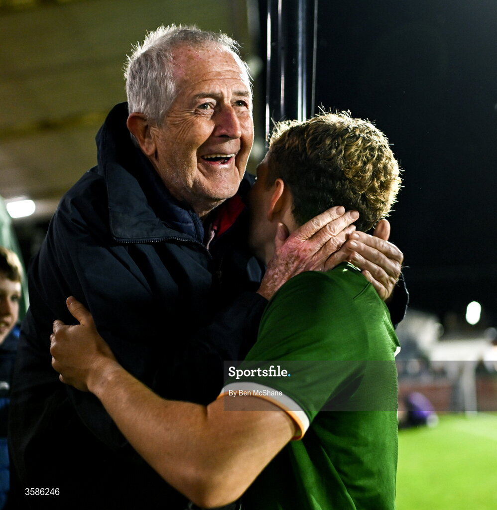 6 October 2026; Jacob Devaney of Republic of Ireland with his relative Pedro Devaney after the UEFA European U21 Championship qualifier match between the Republic of Ireland and England at Turner's Cross Stadium in Cork. Photo by Ben McShane/Sportsfile