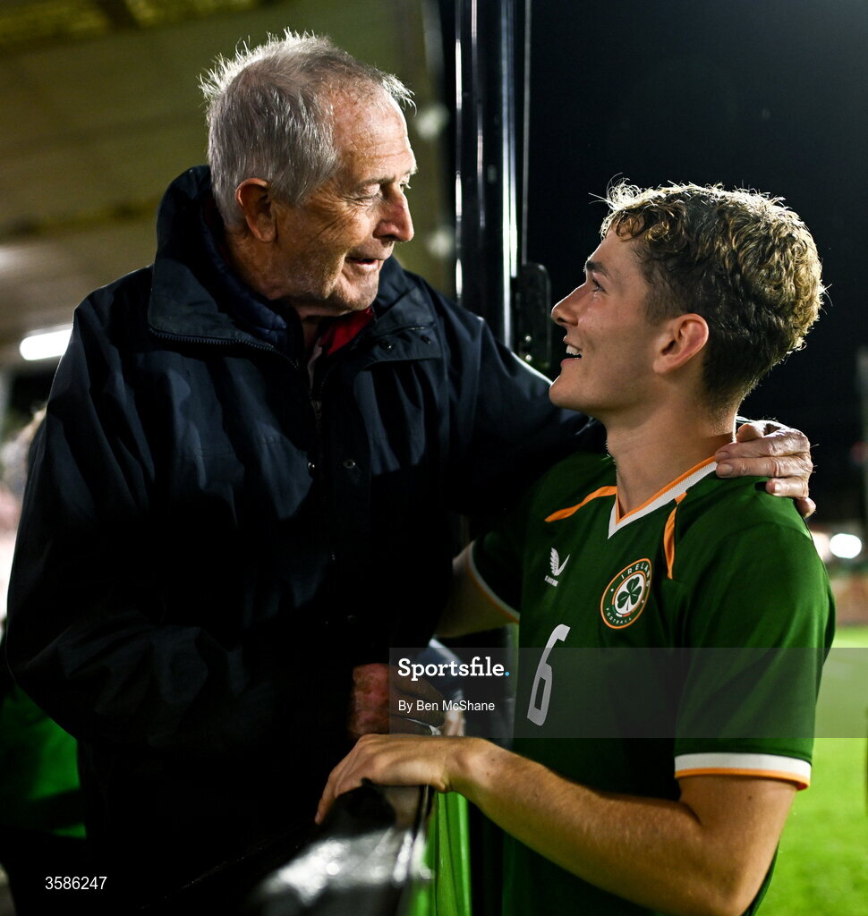 6 October 2026; Jacob Devaney of Republic of Ireland with his relative Pedro Devaney after the UEFA European U21 Championship qualifier match between the Republic of Ireland and England at Turner's Cross Stadium in Cork. Photo by Ben McShane/Sportsfile