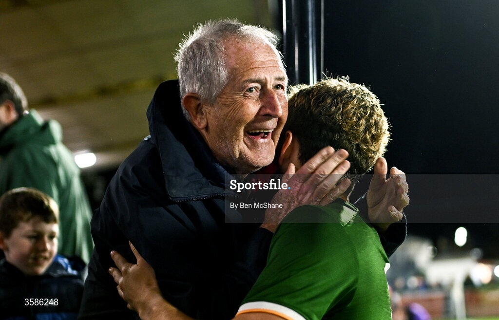 6 October 2026; Jacob Devaney of Republic of Ireland with his relative Pedro Devaney after the UEFA European U21 Championship qualifier match between the Republic of Ireland and England at Turner's Cross Stadium in Cork. Photo by Ben McShane/Sportsfile