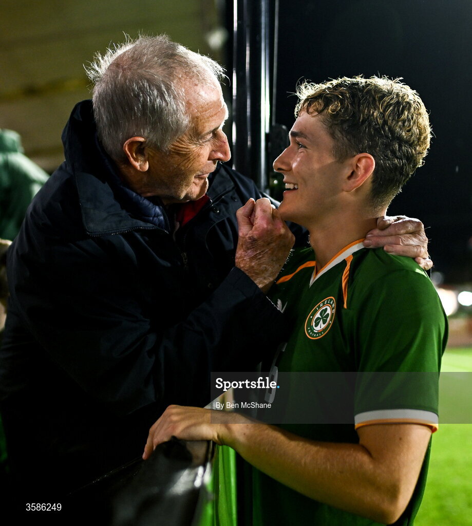 6 October 2026; Jacob Devaney of Republic of Ireland with his relative Pedro Devaney after the UEFA European U21 Championship qualifier match between the Republic of Ireland and England at Turner's Cross Stadium in Cork. Photo by Ben McShane/Sportsfile