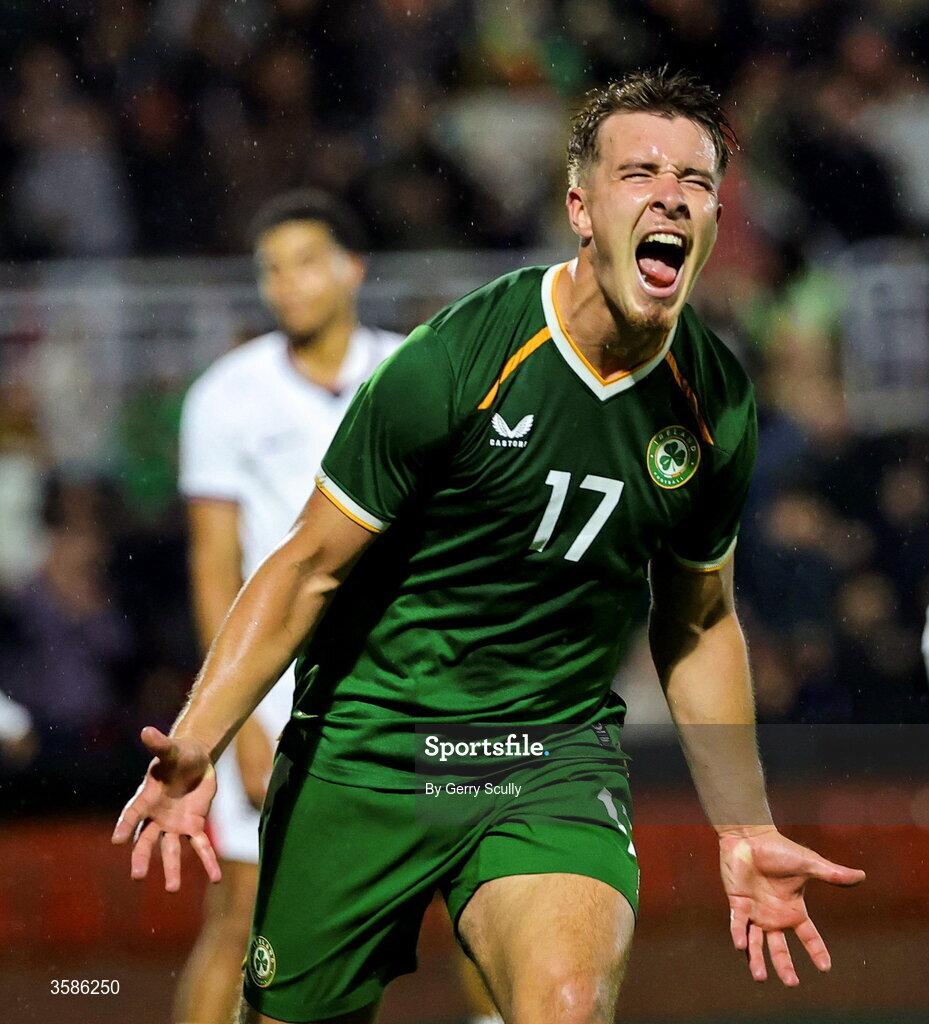 6 October 2026; Tommy Lonergan of Republic of Ireland celebrates after scoring his side's third goal during the UEFA European U21 Championship qualifier match between the Republic of Ireland and England at Turner's Cross Stadium in Cork. Photo by Gerry Scully/Sportsfile