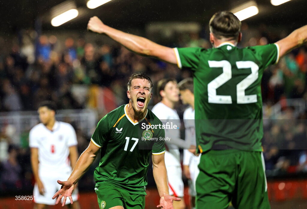 6 October 2026; Tommy Lonergan of Republic of Ireland celebrates after scoring his side's third goal during the UEFA European U21 Championship qualifier match between the Republic of Ireland and England at Turner's Cross Stadium in Cork. Photo by Gerry Scully/Sportsfile