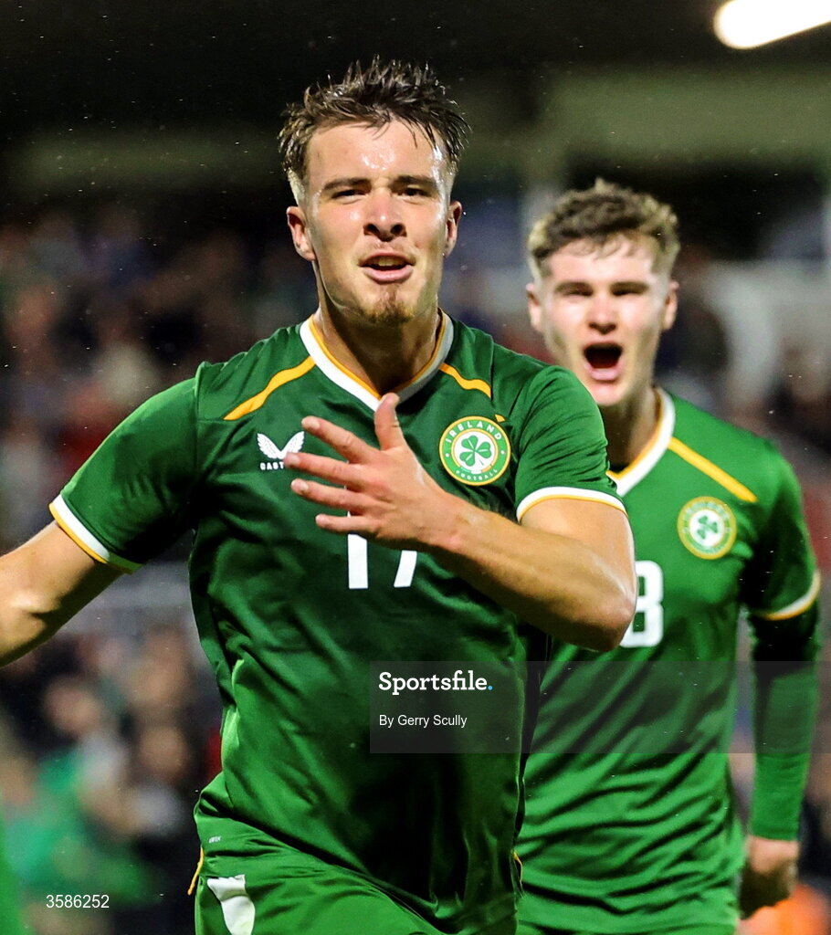 6 October 2026; Tommy Lonergan of Republic of Ireland celebrates after scoring his side's third goal during the UEFA European U21 Championship qualifier match between the Republic of Ireland and England at Turner's Cross Stadium in Cork. Photo by Gerry Scully/Sportsfile