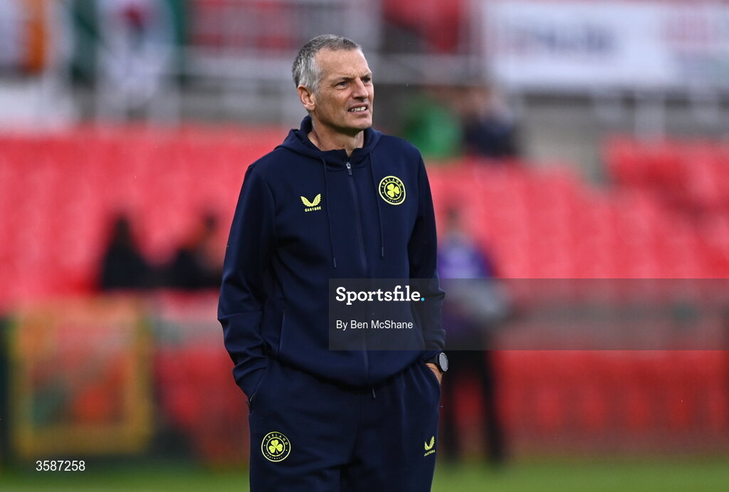 6 October 2026; Republic of Ireland manager Jim Crawford before the UEFA European U21 Championship qualifier match between the Republic of Ireland and England at Turner's Cross Stadium in Cork. Photo by Ben McShane/Sportsfile