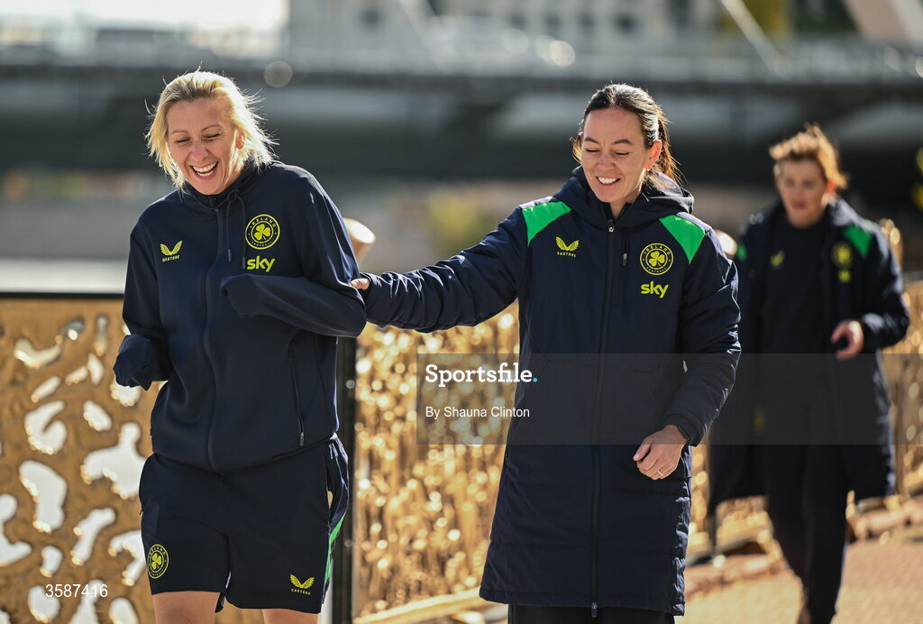 9 October 2026; Republic of Ireland head coach Carla Ward, left, and assistant coach Amber Whiteley on a team walk ahead of the 2027 FIFA Women’s World Cup qualifying round 1 play-off first leg match between Kazakhstan and the Republic of Ireland at Astana Arena in Kazakhstan. Photo by Shauna Clinton/Sportsfile