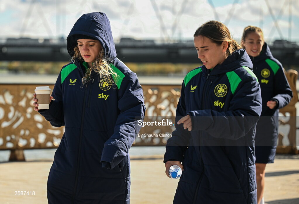 9 October 2026; Republic of Ireland players Leanne Kiernan, left, and Shanade Hopcroft on a team walk ahead of the 2027 FIFA Women’s World Cup qualifying round 1 play-off first leg match between Kazakhstan and the Republic of Ireland at Astana Arena in Kazakhstan. Photo by Shauna Clinton/Sportsfile