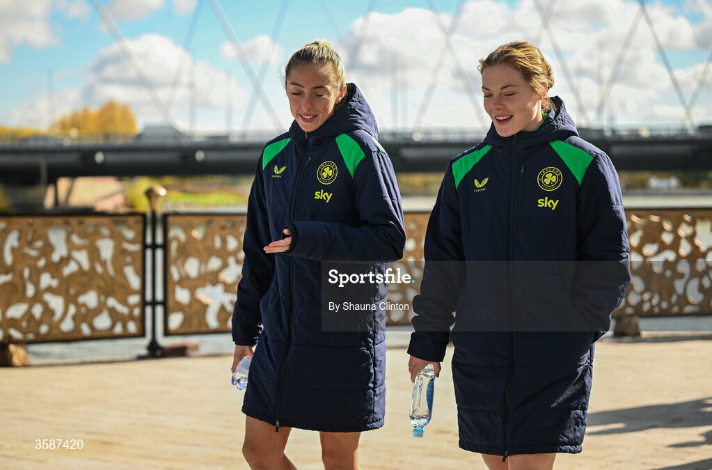 9 October 2026; Republic of Ireland players Megan Connolly, left, and Emily Murphy on a team walk ahead of the 2027 FIFA Women’s World Cup qualifying round 1 play-off first leg match between Kazakhstan and the Republic of Ireland at Astana Arena in Kazakhstan. Photo by Shauna Clinton/Sportsfile