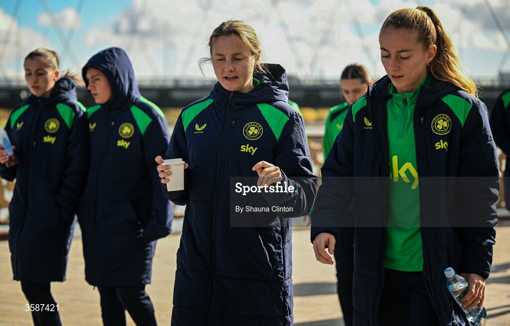 9 October 2026; Republic of Ireland players Kyra Carusa, left, and Aoibheann Clancy on a team walk ahead of the 2027 FIFA Women’s World Cup qualifying round 1 play-off first leg match between Kazakhstan and the Republic of Ireland at Astana Arena in Kazakhstan. Photo by Shauna Clinton/Sportsfile