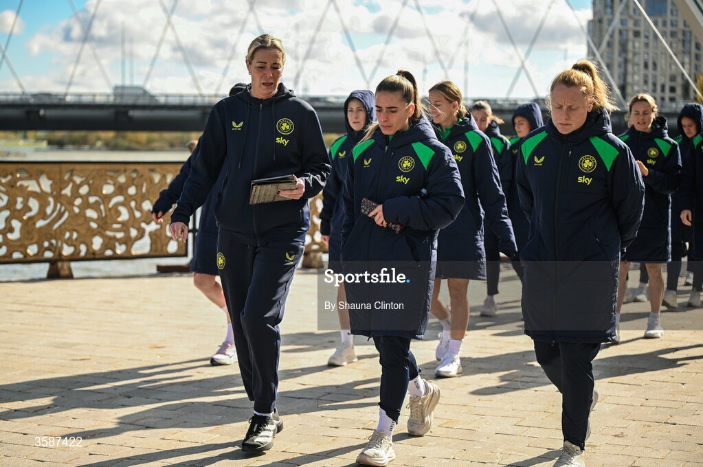 9 October 2026; Republic of Ireland goalkeeping coach Emma Byrne, left, with players Chloe Mustaki, centre, and Amber Barrett on a team walk ahead of the 2027 FIFA Women’s World Cup qualifying round 1 play-off first leg match between Kazakhstan and the Republic of Ireland at Astana Arena in Kazakhstan. Photo by Shauna Clinton/Sportsfile