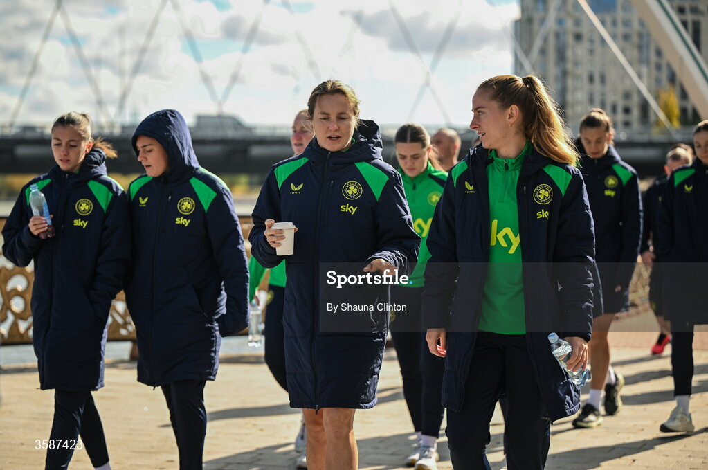 9 October 2026; Republic of Ireland players Kyra Carusa, left, and Aoibheann Clancy on a team walk ahead of the 2027 FIFA Women’s World Cup qualifying round 1 play-off first leg match between Kazakhstan and the Republic of Ireland at Astana Arena in Kazakhstan. Photo by Shauna Clinton/Sportsfile