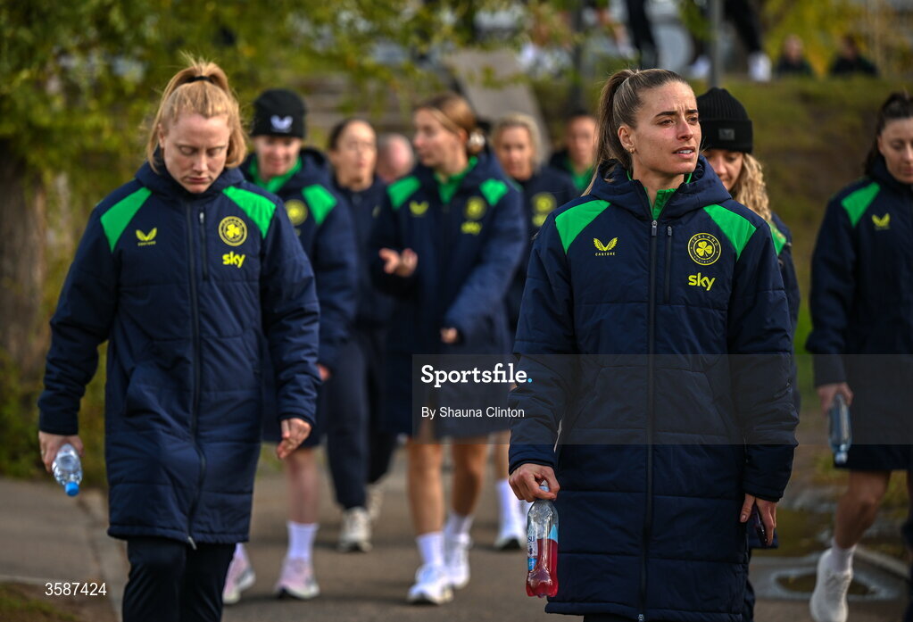 9 October 2026; Chloe Mustaki of Republic of Ireland, right, and team-mates on a team walk ahead of the 2027 FIFA Women’s World Cup qualifying round 1 play-off first leg match between Kazakhstan and the Republic of Ireland at Astana Arena in Kazakhstan. Photo by Shauna Clinton/Sportsfile