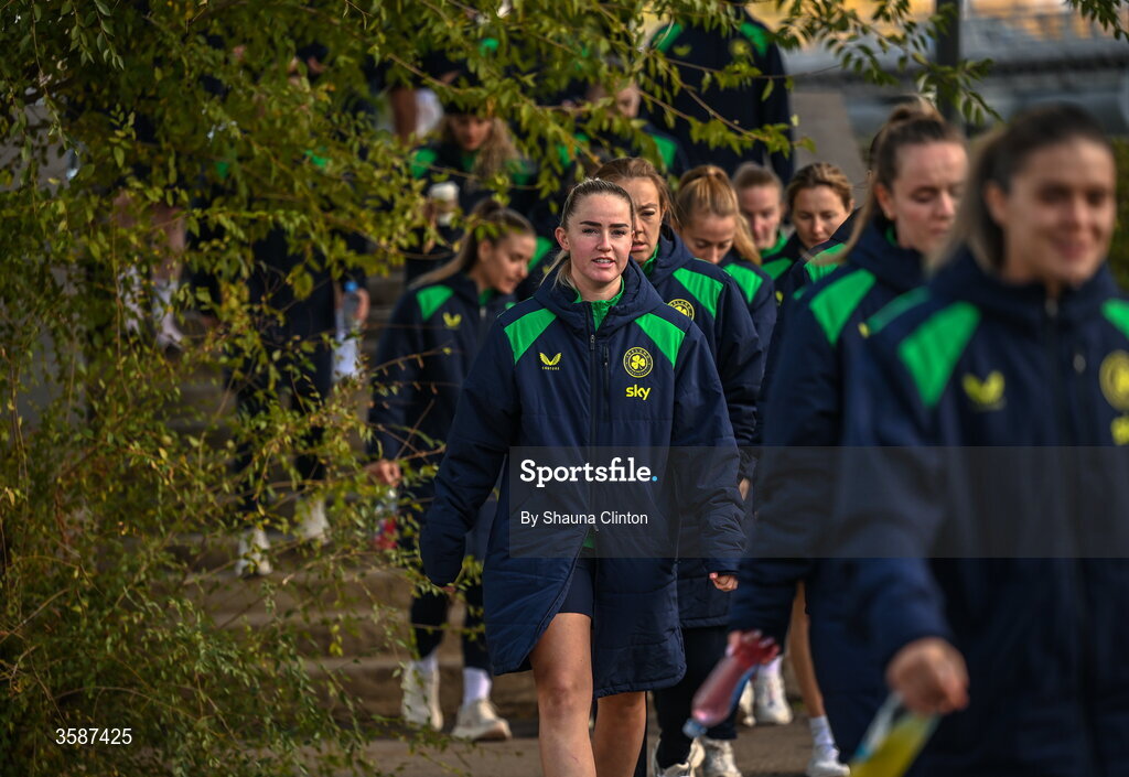 9 October 2026; Jessie Stapleton of Republic of Ireland, left, and team-mates on a team walk ahead of the 2027 FIFA Women’s World Cup qualifying round 1 play-off first leg match between Kazakhstan and the Republic of Ireland at Astana Arena in Kazakhstan. Photo by Shauna Clinton/Sportsfile