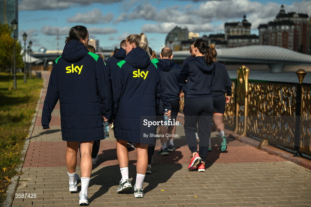 9 October 2026; Republic of Ireland players on a team walk ahead of the 2027 FIFA Women’s World Cup qualifying round 1 play-off first leg match between Kazakhstan and the Republic of Ireland at Astana Arena in Kazakhstan. Photo by Shauna Clinton/Sportsfile