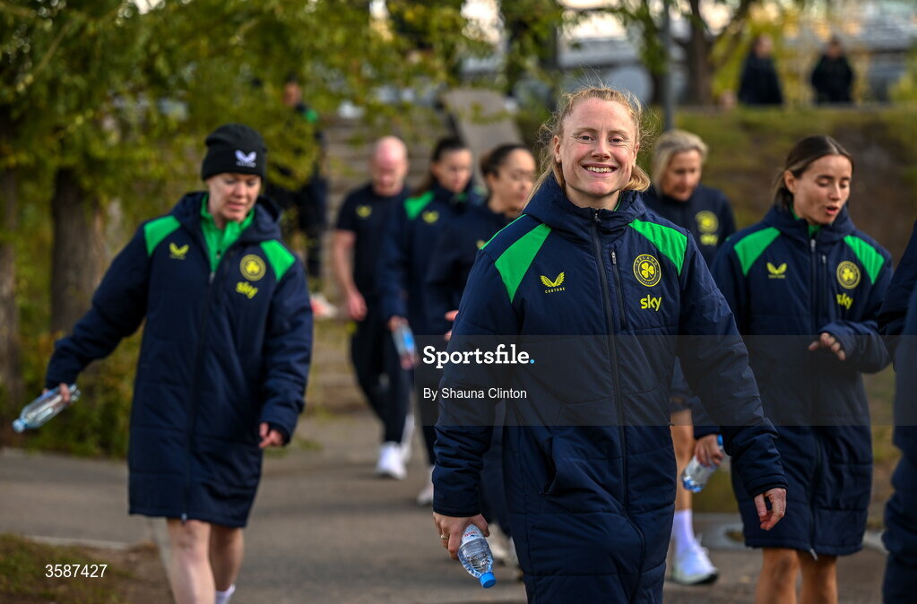 9 October 2026; Amber Barrett of Republic of Ireland, centre, and team-mates on a team walk ahead of the 2027 FIFA Women’s World Cup qualifying round 1 play-off first leg match between Kazakhstan and the Republic of Ireland at Astana Arena in Kazakhstan. Photo by Shauna Clinton/Sportsfile