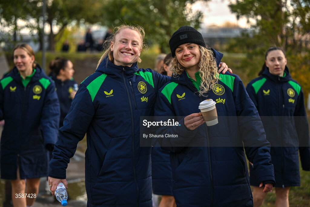 9 October 2026; Republic of Ireland players Amber Barrett, left, and Leanne Kiernan on a team walk ahead of the 2027 FIFA Women’s World Cup qualifying round 1 play-off first leg match between Kazakhstan and the Republic of Ireland at Astana Arena in Kazakhstan. Photo by Shauna Clinton/Sportsfile