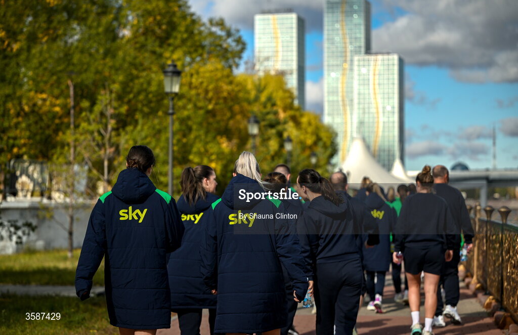 9 October 2026; Republic of Ireland players on a team walk ahead of the 2027 FIFA Women’s World Cup qualifying round 1 play-off first leg match between Kazakhstan and the Republic of Ireland at Astana Arena in Kazakhstan. Photo by Shauna Clinton/Sportsfile