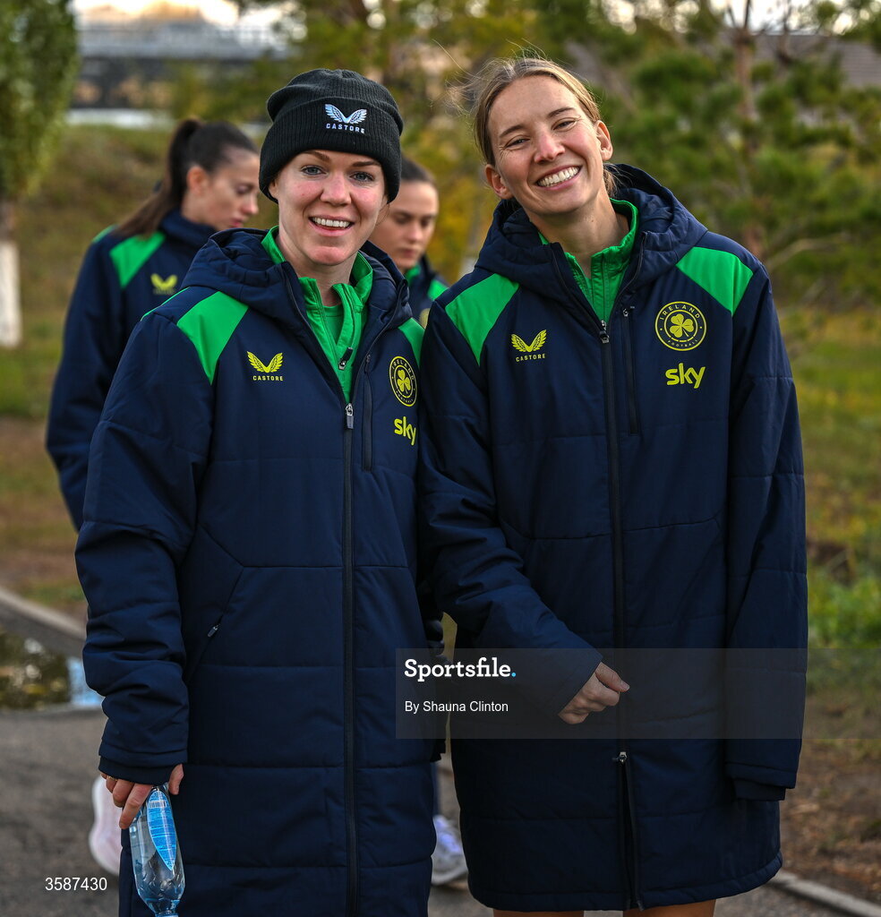 9 October 2026; Republic of Ireland players Aoife Mannion, left, and Sophie Whitehouse on a team walk ahead of the 2027 FIFA Women’s World Cup qualifying round 1 play-off first leg match between Kazakhstan and the Republic of Ireland at Astana Arena in Kazakhstan. Photo by Shauna Clinton/Sportsfile