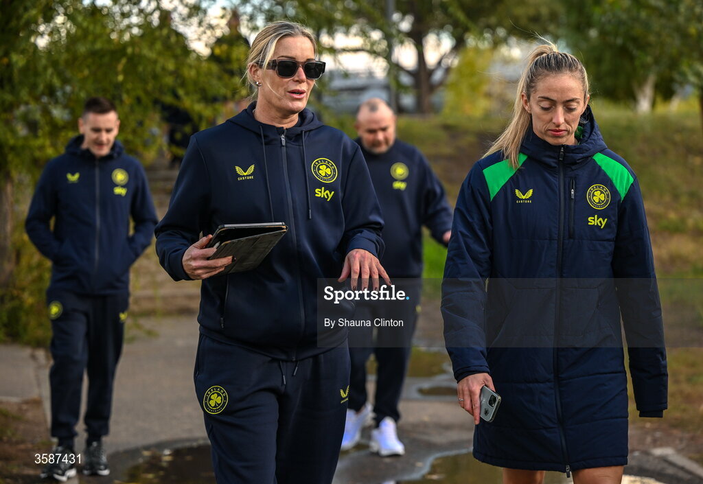 9 October 2026; Republic of Ireland goalkeeping coach Emma Byrne, left, and Megan Connolly of Republic of Ireland on a team walk ahead of the 2027 FIFA Women’s World Cup qualifying round 1 play-off first leg match between Kazakhstan and the Republic of Ireland at Astana Arena in Kazakhstan. Photo by Shauna Clinton/Sportsfile