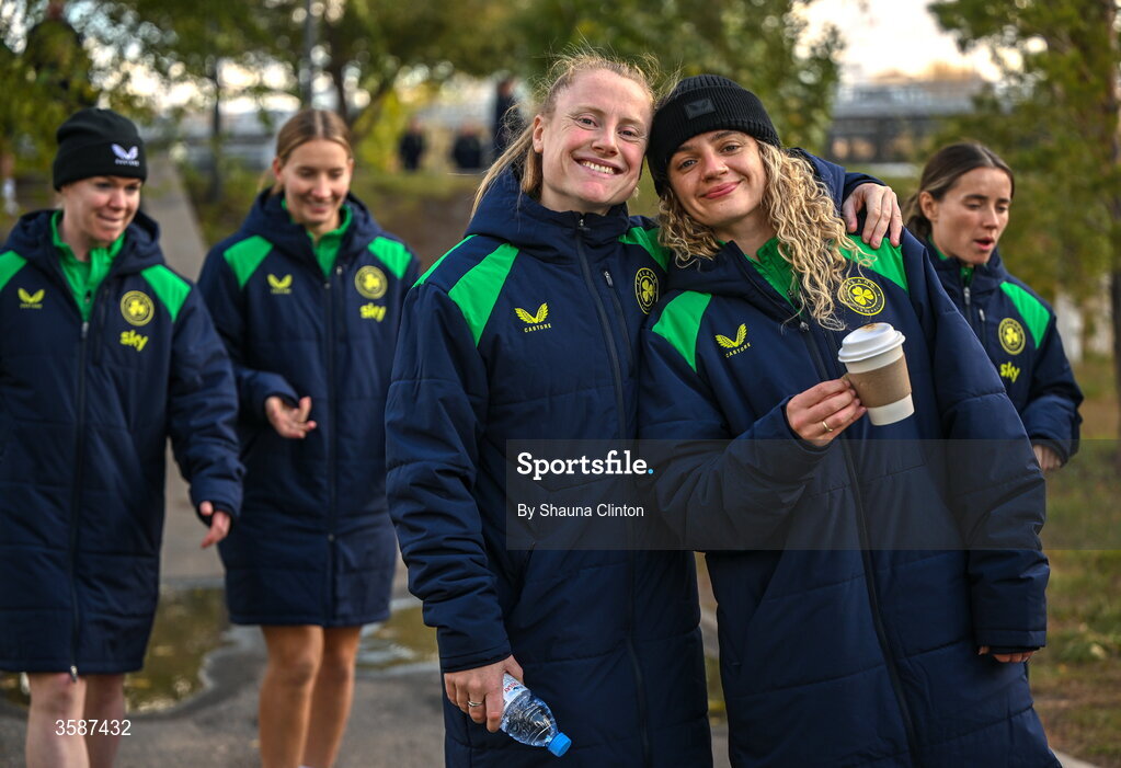 9 October 2026; Republic of Ireland players Amber Barrett, left, and Leanne Kiernan on a team walk ahead of the 2027 FIFA Women’s World Cup qualifying round 1 play-off first leg match between Kazakhstan and the Republic of Ireland at Astana Arena in Kazakhstan. Photo by Shauna Clinton/Sportsfile