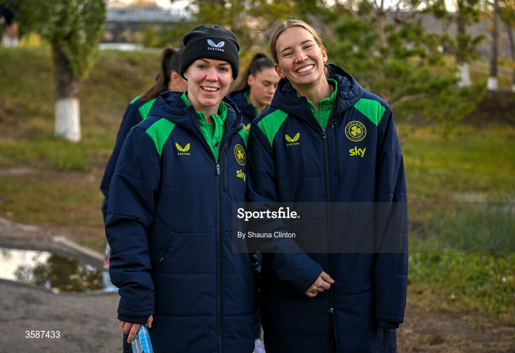 9 October 2026; Republic of Ireland players Aoife Mannion, left, and Sophie Whitehouse on a team walk ahead of the 2027 FIFA Women’s World Cup qualifying round 1 play-off first leg match between Kazakhstan and the Republic of Ireland at Astana Arena in Kazakhstan. Photo by Shauna Clinton/Sportsfile