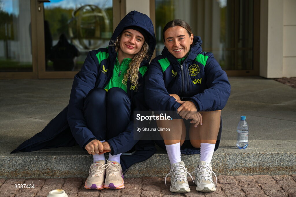 9 October 2026; Republic of Ireland players Leanne Kiernan, left, and Shanade Hopcroft on a team walk ahead of the 2027 FIFA Women’s World Cup qualifying round 1 play-off first leg match between Kazakhstan and the Republic of Ireland at Astana Arena in Kazakhstan. Photo by Shauna Clinton/Sportsfile
