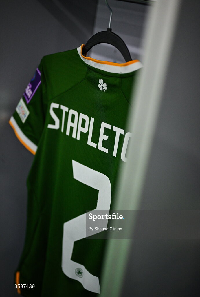 9 October 2026; The jersey of Jessie Stapleton hangs in the Republic of Ireland dressing room before the 2027 FIFA Women’s World Cup qualifying round 1 play-off first leg match between Kazakhstan and the Republic of Ireland at Astana Arena in Kazakhstan. Photo by Shauna Clinton/Sportsfile