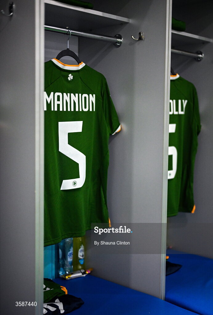 9 October 2026; The jersey of Aoife Mannion hangs in the Republic of Ireland dressing room before the 2027 FIFA Women’s World Cup qualifying round 1 play-off first leg match between Kazakhstan and the Republic of Ireland at Astana Arena in Kazakhstan. Photo by Shauna Clinton/Sportsfile