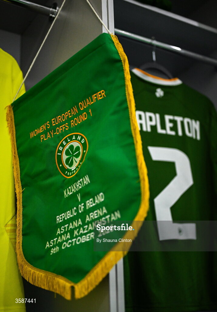 9 October 2026; A detailed view of the Republic of Ireland pennant before the 2027 FIFA Women’s World Cup qualifying round 1 play-off first leg match between Kazakhstan and the Republic of Ireland at Astana Arena in Kazakhstan. Photo by Shauna Clinton/Sportsfile